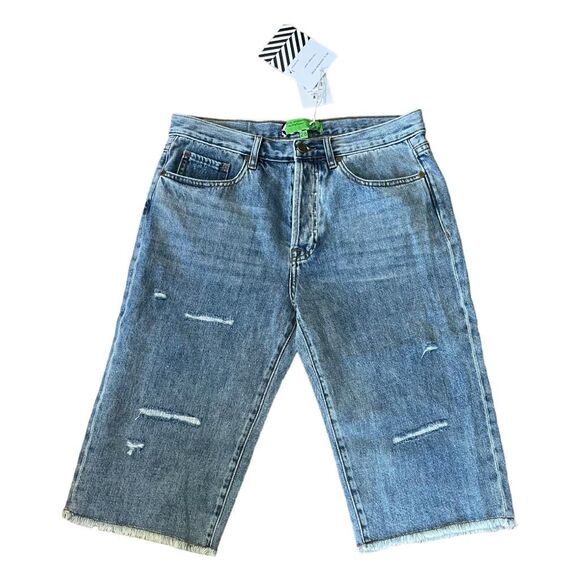 Free People X Sandrine Rose Jean Shorts Jorts Bermuda Hi-Rise Distressed 28 - Picture 1 of 9